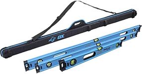 OX Tools T505903 Trade Level Bundle, includes Pro Level Bag, three Trade Levels, 24", 48", 72" inches. Aluminum Construction, Shock Absorbing End Cap, Rubberized Soft Grip Thru Handle, Magnified Vials