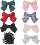 Swpeet 7 Pack Multicolor Big Satin Hair Bow Tie Hair Pin with 260Pcs Rubber Bands Assortment Kit, Cute French Hairpin Satin Silk Bow Hair Bowknot Satin Hair Bows Hair Ribbon Accessories for Women Girl