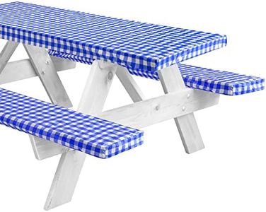 LINPRO 8ft Vinyl Fitted Picnic Table Cover with Bench Covers. Camper and Travel accessories. Checkered outdoor Picnic Tablecloth and seat Covers with Elastic Edges. Waterproof. 3 Pc Set for Patio. 96"