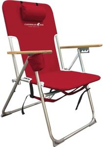 Caribbean Joe Folding Beach Chair, 4 Position Portable Backpack Foldable Camping Chair with Headrest, Cup Holder, and Wooden Armrests, Red, 33.5" D x 3" W x 25" H