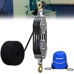 FITHOIST Block and Tackle, 4400 LBS Breaking Strength Heavy Duty Pulley, 65 Ft 3/8" Rope Pulley, 7:1 Lifting Power Pulley System, Pulley Hoist for Animal Husbandry, Warehouses, Constructions (Black)