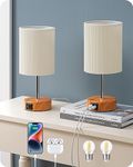 EDISHINE Bedside Lamps Set of 2, Touch Table Lamps with 2 USB Ports, Pleated Fabric Shade, 3 Way Dimmable Lamp for Bedroom, Living Room, Home Office, Wood (Bulb Included)