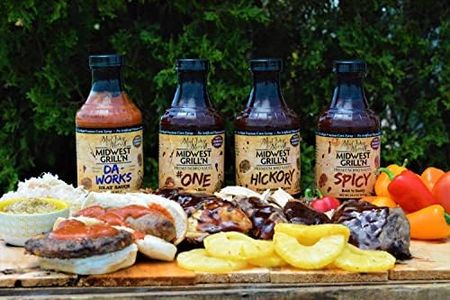 Mad Dog & Merrill® Premium BBQ Sauces & Da-Works (4 pack) - # One Sweet & Rich, Hickory Smokehouse Flavor, Spicy Bold 'N Sassy & Da-Works Brat 'n Burger Sauce