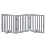 unipaws 24”H Free Standing Pet Gate for Dog Cat Baby, Wooden Dog Gates for Doorway, Stairs, Step Over Foldable Pet Fence for The House, Expandable Dog Barrier, Indoor Use, Grey