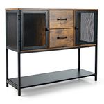 COSTWAY Console Table, Industrial Accent Sofa Side Table with Mesh Doors, Drawers and Bottom Shelf, Metal Frame Wooden Storage Cabinet Buffet Table for Living Room, Kitchen and Entryway