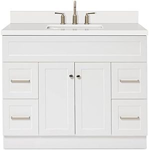 ARIEL Single Sink Bathroom Vanity Cabinet in White Pure White Quartz Counter-top | 2 Soft Closing Doors | 4 Full Extension Dovetail Drawers | Built in Toe Kick | No Mirror | 43" x 22" x 36"