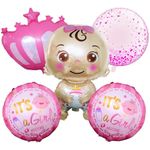 Propsicle Baby Shower Foil Baby & Crown Balloon Pack of 5 Pink Welcome Baby Balloon Combo For Maternity Shoot Party Decoration