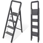 KINGRACK Step Ladder, 4 Steps, Folding Step Ladder with Handrail, Non-Slip Household Ladder with Folding Safety, Aluminium Step Stool, Maximum Load 150 kg, Black