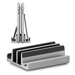 Vertical Laptop Stand - SPACEMax Adjustable - Nukoi GRIPLock Anti-Tip Silicone 4 Slots Aluminum Desktop Holder - Double Dock Stand - 2 Phone Slots Fits Up to 17.3” Laptops, Tablets, Phones - Silver