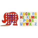 Skillofun - H-4C Wooden Sewing Toy Elephant, Multi Color L-32SK Wooden Alphabet Picture Tray with Knobs, Multi Color