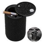 Car Ashtray with Lid Smell Proof, Aluminum Crystal Diamond Cigarette Smokeless Automotive Ashtray, Cup Holder Detachable Easy Clean Ash Tray for Car Women Home Office, Black