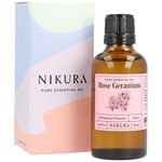 Nikura Rose Geranium Essential Oil - 50ml | 100% Pure Natural Oils | Perfect for Skincare, Stress Relief, Aromatherapy, Diffusers | Great for Self Care, Massage, Deodorant | Vegan & UK Made
