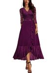 MIUSOL Women's Retro V-Neck Lace Ruffle Bridesmaids Party Gown Formal Maxi Dress (X-Large, Magenta)