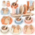 Wooden Tea Set for Toddlers Toy Kitchen Accessories 27 PCS Kids Pots Pans Playset Wooden Play Food for Toddlers Baby Montessori Toys for 1 2 3+ year old, Cutlery Holder