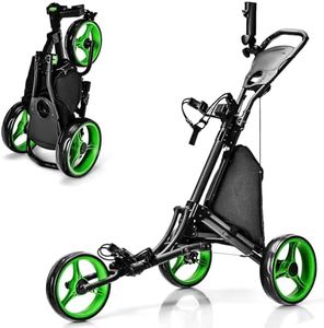 ULTIMATE 3 Wheel Golf Push Cart, Aluminum Folding Golf Walking Push Cart w/Elastic Strap, Umbrella & Cup Holder, Scoreboard Storage, Insulated Storage Bag, Adjustable Handle & Foot Brake (Green)