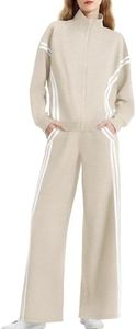 Casly Lamiit 2 Piece Lounge Sets for Women Track Sweatsuit Trendy Sweat Jackets Wide Leg Pants Jogging 2025 Spring Casual Travel Outfits Light Khaki M