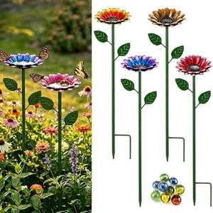 4 Pack Sunflower Flower Bee Watering Station with 20 Glass Beads - Bee Bath for Garden Metal Bee Water Feeder with Flower Design, Colorful Outdoor Insect Hydration Station for Attracting Bees