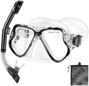 PIYAZI Snorkeling Gear for Adults Kids, Dry Snorkeling Set, Panoramic Anti-Leak and Anti-Fog Tempered Glass Lens, Adjustable Strap Snorkel Set with Mesh Bag Ear Plug for Snorkeling Scuba Diving Travel