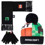 Minecraft Cold Weather Set - Creeper Beanie Hat Scarf and Gloves Set Kids Winter Set - Gaming Gifts for Boys (One Size, Green/Red)