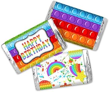 Pop On Over Popper Fidget Toy Birthday Mini Chocolate Candy Bar Sticker Wrappers for Kids, 45 1.4" x 2.6" Wrap Around Labels by AmandaCreation, Great for Party Favors