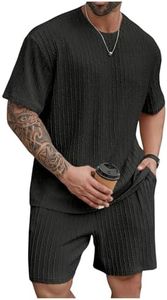 RoseSeek Men's Big and Tall 2 Piece Summer Outfits Textured Drop Shoulder T Shirt and Short Sets Tracksuit Plus Black 6XL