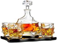 Glacier Mountain Whiskey Glasses and Liquor Decanter set | 4 Crystal Bourbon Glasses with Matching Whiskey Decanter on beautiful wood tray | Ideal Bourbon Gifts for Women & Men, Whiskey Decanter Sets