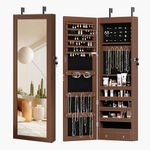 sogesfurniture Lockable Wooden Jewelry Cabinet Mirror Cabinet Chest Armoire Wardrobe Storage Organizer, Armoire Organizer, Brown,BHCA-QH-7025-BW-N