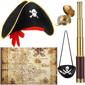 Pirate Monocular Telescope Treasure Map Pocket Compass Pirate Hat Skull Print Pirate Captain Costume, 5 Pcs Pirate Party Favors Pirate Costume Spyglass Kid Compass for Pirate Cosplay (Small)