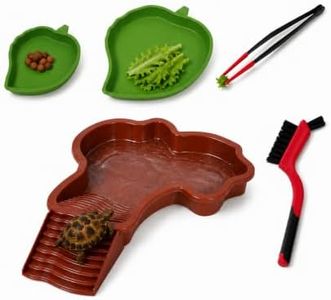 Lxsrfyr Large Reptile Water Dish with Ramp, 5-Piece Tortoise Water Dish and Turtle Bathing Pool Set, 2 Leaf Food Bowls, Feeding Tongs & Cleaning Brush for Box Turtle, Lizard and Gecko