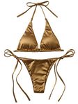 SOLY HUX Women's Metallic Halter Top Two Piece Swimsuit Tie Side Triangle Thong Bikini Bathing Swimwear, Gold, Large