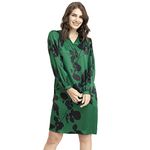 FableStreet Women's V-Neck Green Satin Floral Knee-Length Dress, Medium