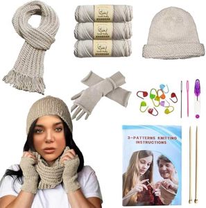 Beginner Knitting Kit for Adults & Kids, Learn to Knit Crochet Starter Kit in Khaki with Scarves, Hats & Gloves Knitting Includes Wool Yarn, Knitting Needles, & Stitch Markers (Khaki)