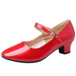 WUIWUIYU Womens Latin Ballroom Dance Shoes Pointed Toe Ankle Strap Soft Sole Dancing Heels Mary Jane Shoe Red Size 9