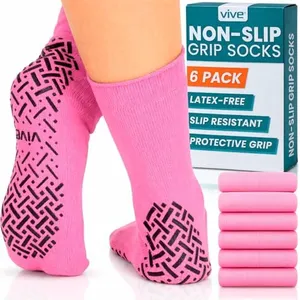 Vive Non-Slip Grip Socks (6 Pairs) - Hospital Slipper Socks for Women, Men - Anti-Slip Gripper Socks for, Yoga, Pilates