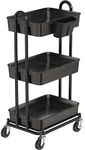 SimpleHouseware 3-Tier Trolley Utility Cart with Hanging Bucket, Black