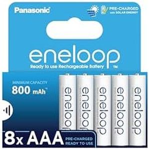 Panasonic eneloop Ready-to use Ni-MH Battery, AAA/Micro, 8-Pack, Improved Capacity of min. 800 mAh, 2100-charge Cycle Life, high Power Performance, Plastic Free Packaging, Blue (BK-4MCDE/8BE)