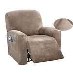 DSECHCRSL Velvet Recliner Chair Cover with Side Pocket, 4 Piece Non Slip Reclining Chair Cover, 1 Seat Stretch Recliner Cover Form Fitted Thick Soft Washable for Living Room, Pet, Kids,Taupe