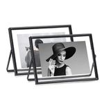 SAEGYPET Set of 2 Floating Real Glass Photo Frame (Black, 5x7 inches) For Multiple Photo Sizes (4x6, 3.5x5, 2x3), Horizontal Metal Desktop Picture Frame For Home Wedding Grandparents Women Gifts