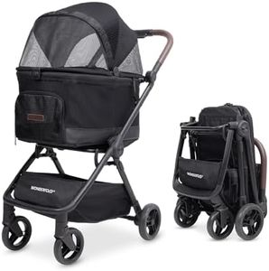 WonderFold Bella Pet Stroller - Autofold Design with Lightweight Aluminum Frame, Breathable Carriage Fabrics and Canopy, Safety Tethers & Easy-Clean Interior - Graphite Black