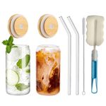 17OZ Glass Cups with Bamboo Lids and Glass Straw, Reusable Can Shaped Drinking Glasses with Lids and Straws & Brush,Wide Mouth Mason Jar Glass Cups for Smoothies, Tea, Cola, Juice, Soda (2 Pack)