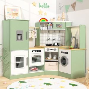 Babytronic Corner Wooden Play Kitchen Set for Kids w/Lights & Sounds, Pretend Play Kitchen Playset with Stove, Microwave, Ice Maker & Accessories, Perfect for Toddlers & Multiple Children (Green)