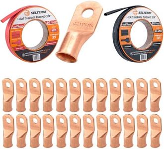 SELTERM 25pcs 2/0 AWG 5/16" Battery Lugs with 3/4" 50ft Black & Red Marine Grade Heat Shrink Tubing Roll, 3:1 Dual Wall Adhesive, Heavy Duty Copper Wire Connectors for Battery Cable Ends & Terminals