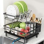 romision Two Tier Dish Drainer Rack with Draining Board, Black Stainless Steel Washing Up Drainer for Kitchen Sink, Auto Drainage Spout, Cutlery & Cup Holder, Rustproof