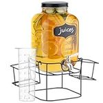 Navaris Glass Jar Drink Dispenser with Tap - Includes Black Metal Stand with Cup Storage - For Cocktail Drinks, Lemonade, Water or Beverage Stand - 5L (5.3QT)