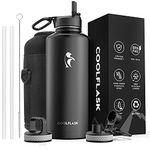 Insulated Water Bottle 87 oz with Straw & Spout Lid, Coolflask Large Water Flask Wide Mouth, Sweat-Proof BPA-Free Keep Cold for 48 Hrs or Hot for 24 Hrs, Magic Black