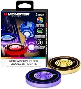 Monster Multicolor LED Cup Holder Lights, 2-Pack of Smart Color Changing Car Coasters, Motion Detecting Xtreme Smart Sensors, On by Night/Off by Day,Rechargeable,15 Days of Power with 2 Hours Charge