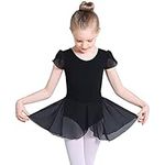 Monbessi Ballet Leotard for Girls Flutter Sleeve Dance Dress Cross Straps Back Ballet Outfits Leotard with Tutu Skirt for Kids Girls (Black, 130-140 cm)