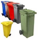 Pluto Packaging 140 Litre Coloured Wheelie Bins Compact Sized Red Blue Green Grey Brown & Yellow For Home Office Strong Disposal Bins With Rubber Wheels & Lids (Yellow)