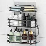 STEUGO Shower Caddy Basket Shelf with Hooks for Hanging Sponge, Wall Mounted Bathroom Storage Shampoo Holder Organizer, Kitchen Shelf Rack, No Drilling Traceless Adhesive Shower Wall Shelves