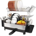 Romision Dish Rack and Drainboard Set, 304 Stainless Steel 2 Tier Large Dish Drying Rack with Swivel Spout, Dish Strainer for Kitchen Counter with Utensil Holder, Cup Rack, Water Tray